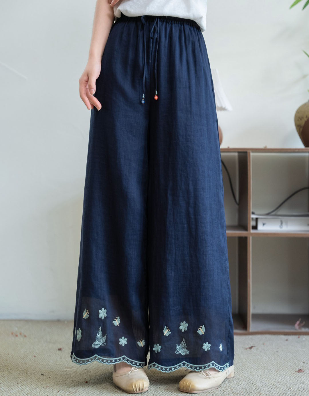 vintage style embroidered linen pants women loose fit