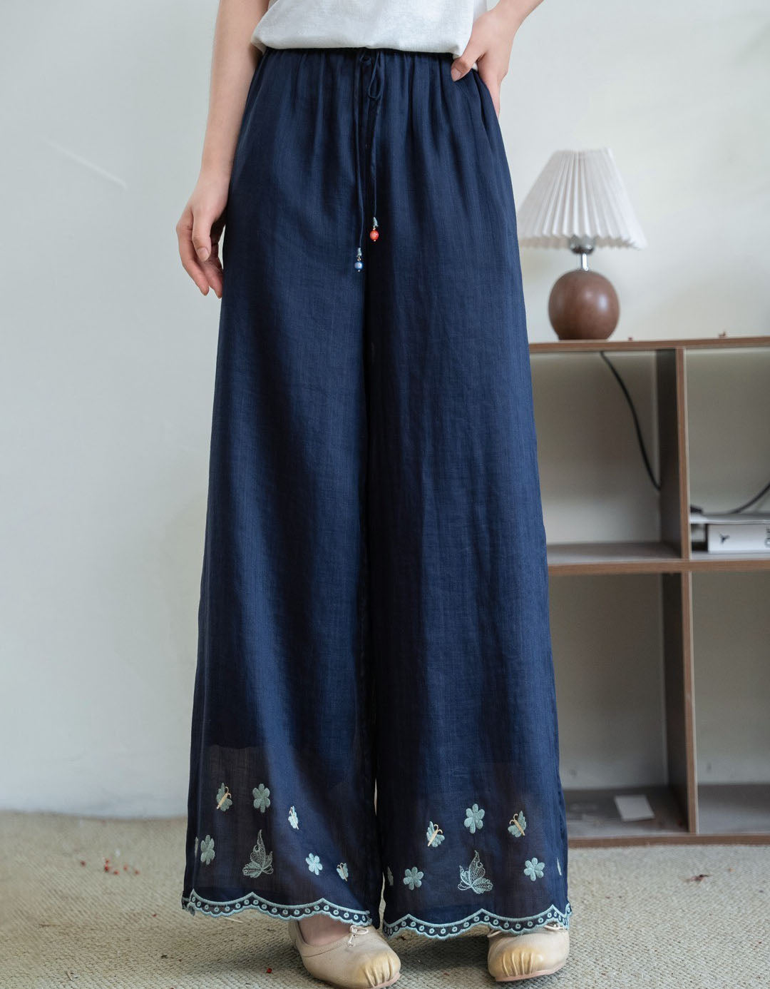 Vintage Style Embroidered Linen Pants for Women