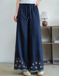 Vintage Style Embroidered Linen Pants for Women