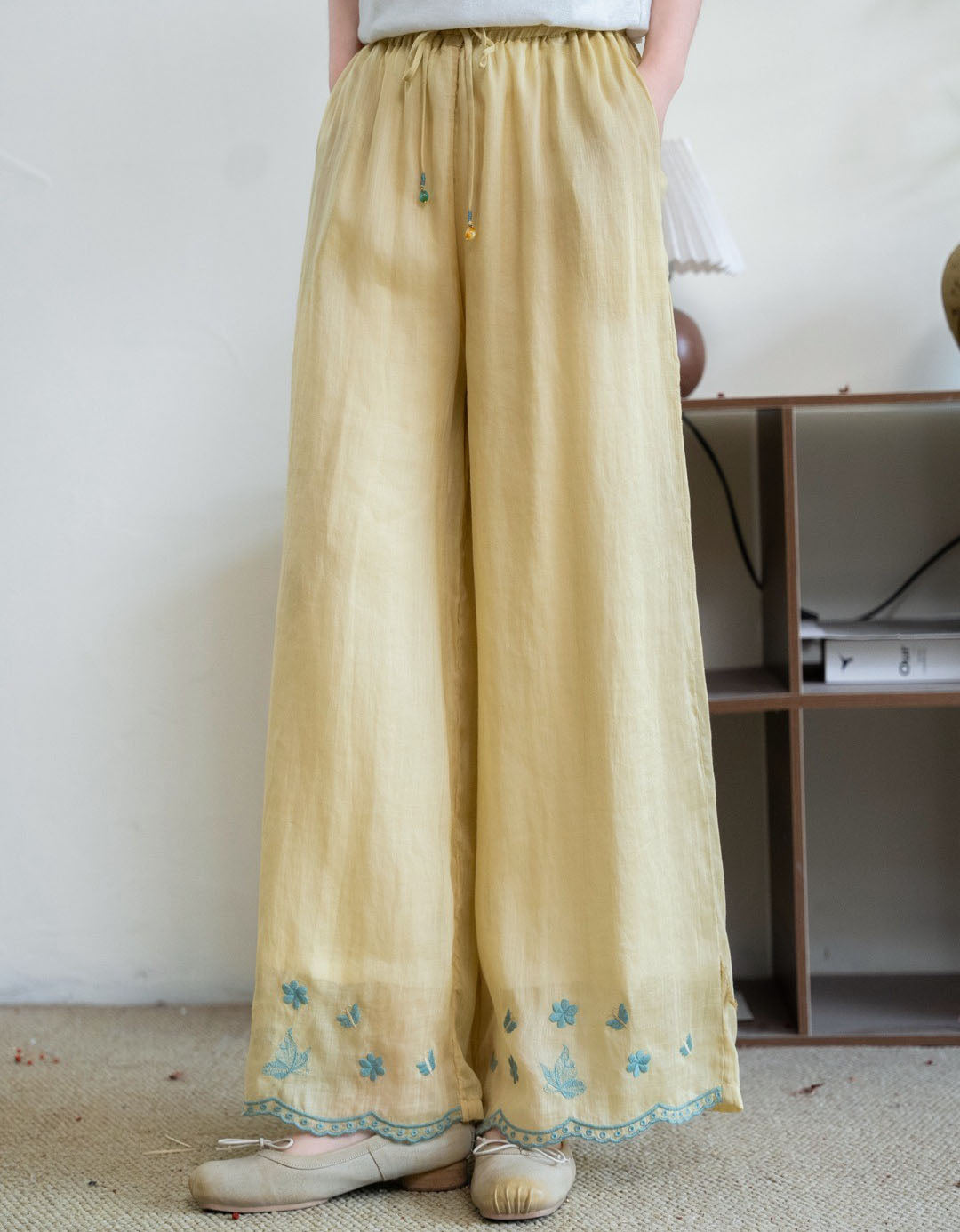 Loose Fit Linen Pants Women Embroidered Wide Leg