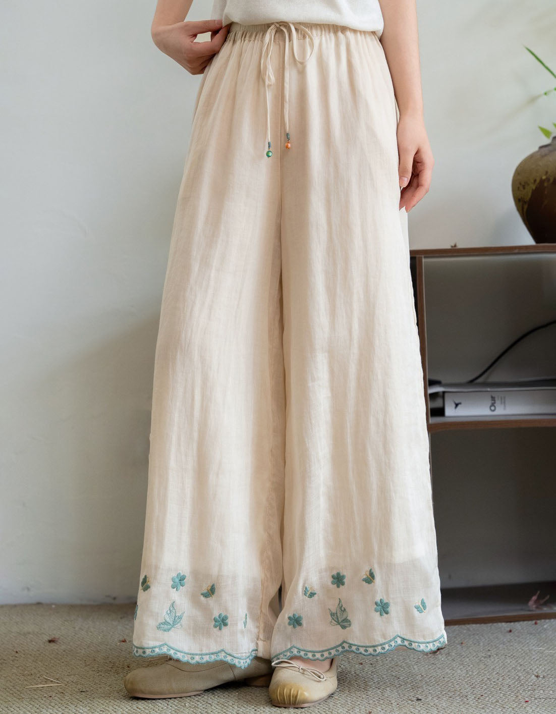 summer wide leg linen trousers women embroidered