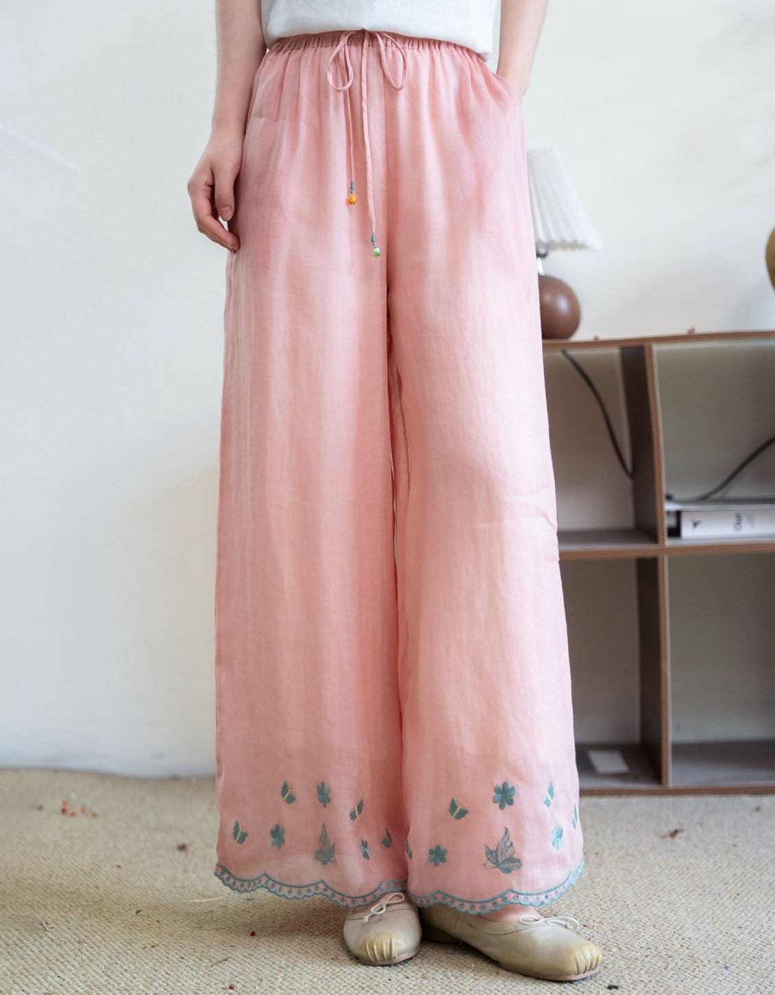 Women Embroidered Linen Wide Leg Pants Casual Summer