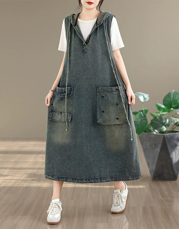 Women wearing vintage faded denim hoodie dress for street style fashion