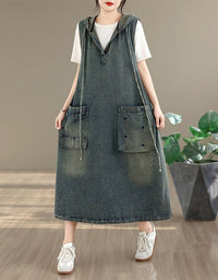 Women wearing vintage faded denim hoodie dress for street style fashion