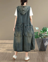 Back view of oversized casual denim hoodie dress with adjustable drawstring waist