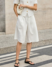 White Women Summer Casual Linen Shorts Loose High Waist Pants