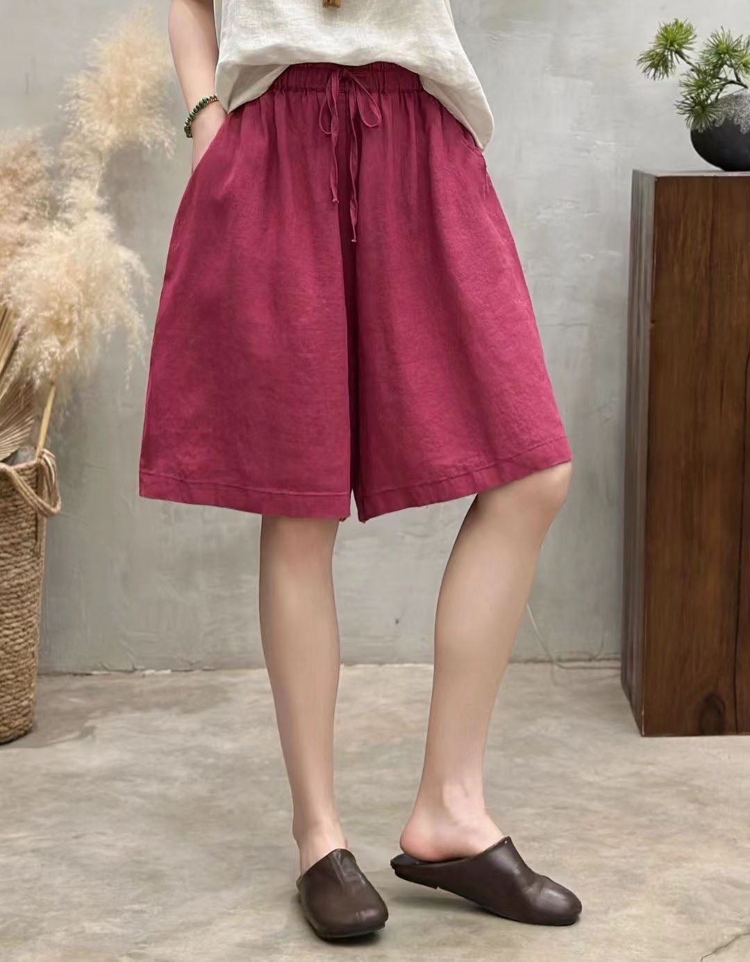 Women’s burgundy high waist wide leg culotte shorts with drawstring waist