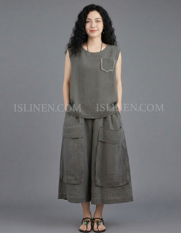 Women's Casual Linen Blend Two Piece Wide Leg Pants Set