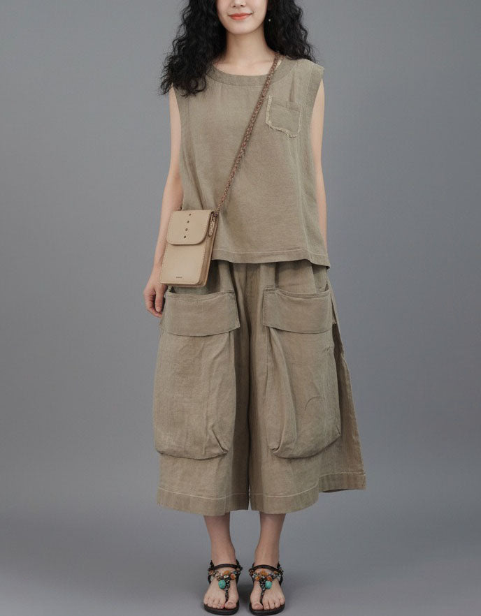 Women's Sleeveless Linen Blend Matching Outfit with Pockets