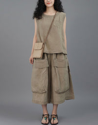 Women's Sleeveless Linen Blend Matching Outfit with Pockets