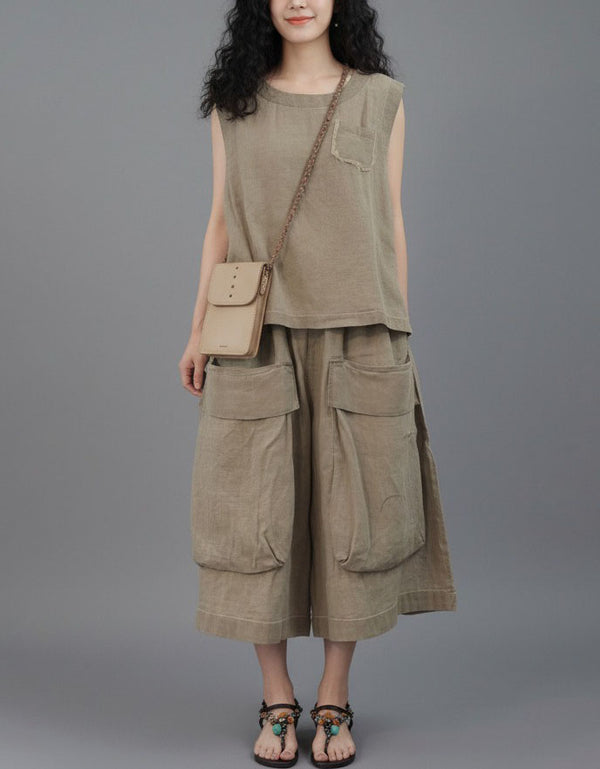 Women's Sleeveless Linen Blend Matching Outfit with Pockets