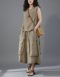 Women's Boho Linen Blend Sleeveless Two Piece Outfit