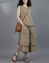 Women's Casual Sleeveless Linen Blend Travel Outfit