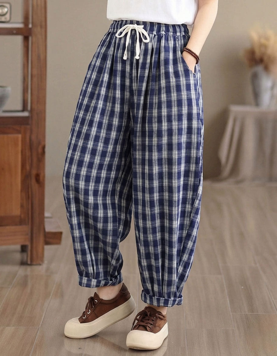 Women’s Blue Plaid Cotton Loose Casual Pants
