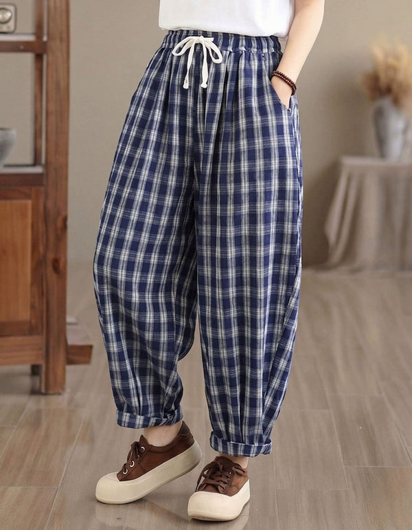 Women’s Blue Plaid Cotton Loose Casual Pants