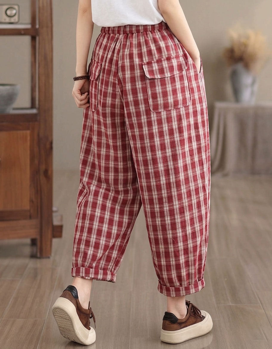 Red plaid cotton women’s pants with elastic waist and side pockets