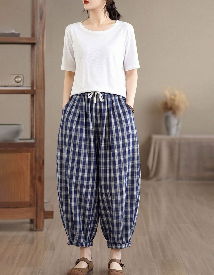Blue Elastic Waist Plaid Baggy Pants for Women