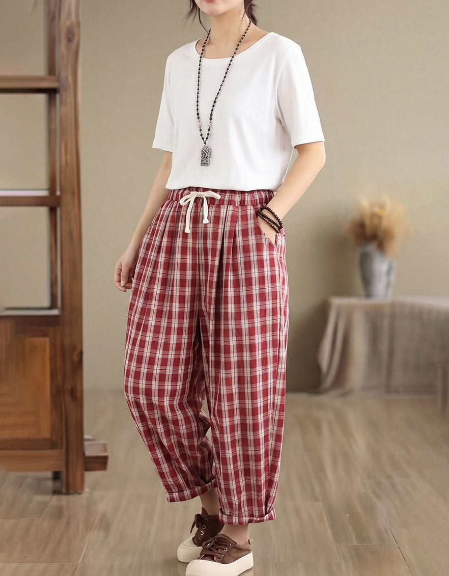 Comfortable Summer Checkered Linen Wide Leg Pants
