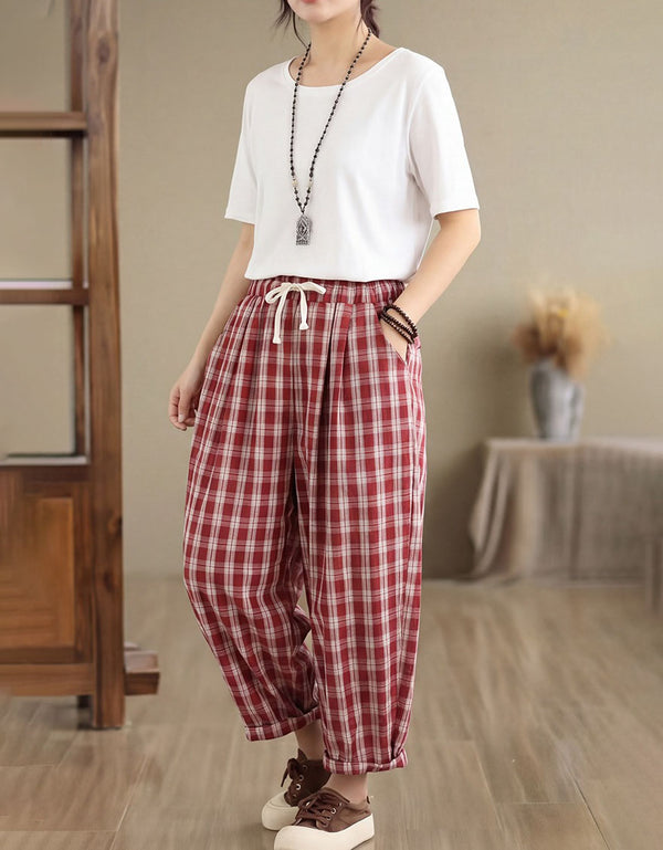 Comfortable Summer Checkered Linen Wide Leg Pants