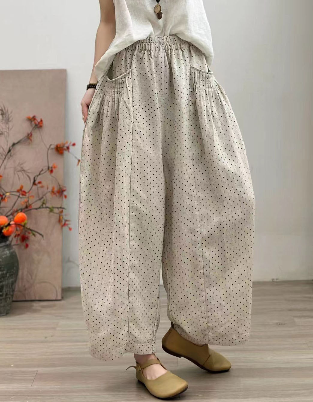 Women Comfortable Loose Polka Dot Linen Balloon Pants