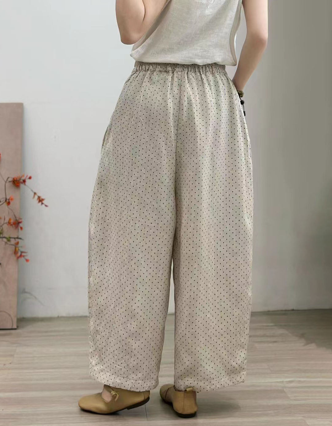 Women Comfortable Loose Polka Dot Linen Balloon Pants