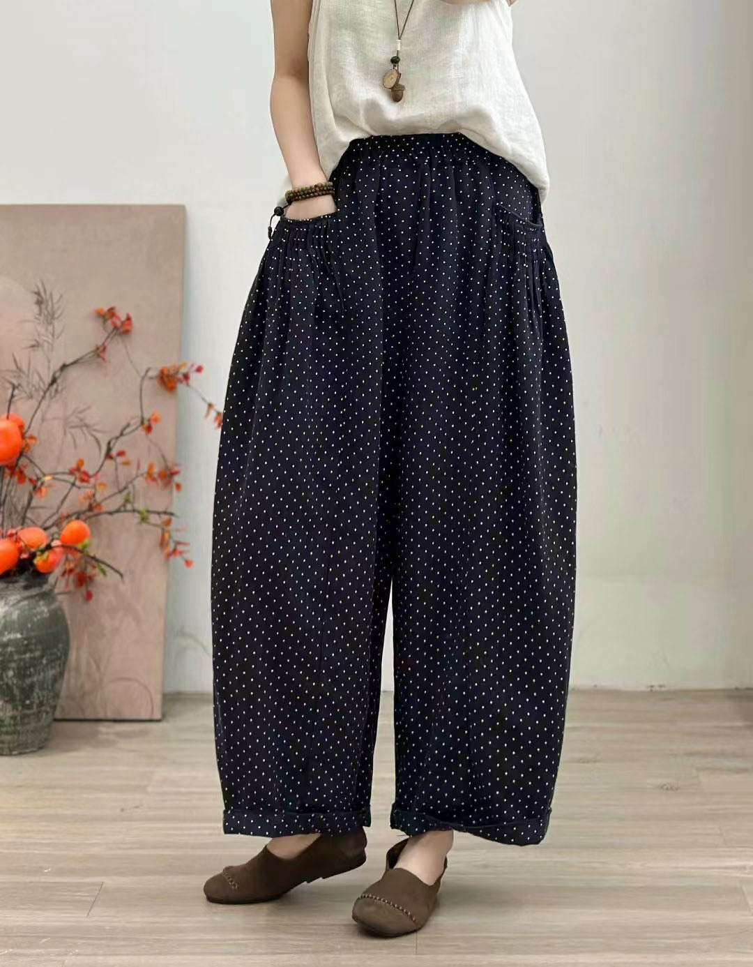 Women Comfortable Loose Polka Dot Linen Balloon Pants