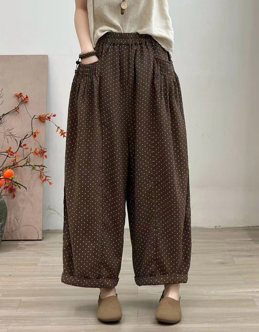 Women Comfortable Loose Polka Dot Linen Balloon Pants