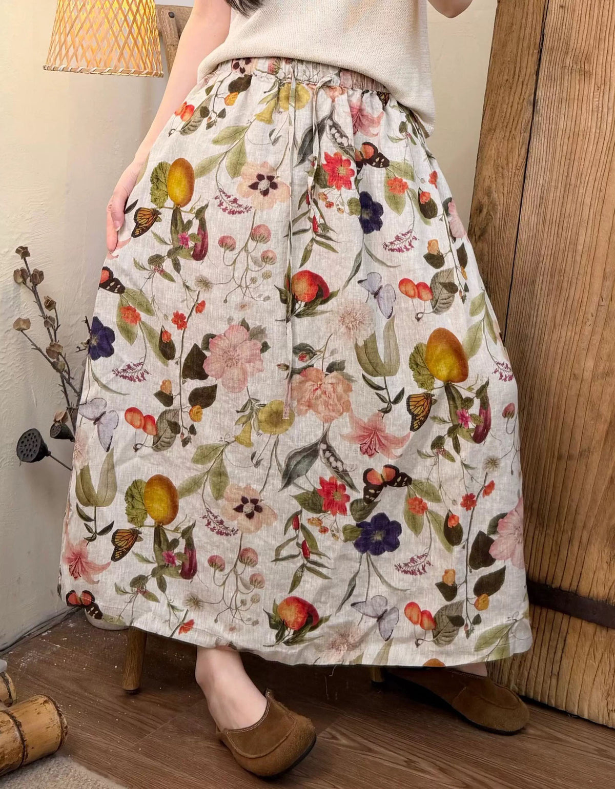 Elastic Waist Floral Linen A Line Maxi Skirt
