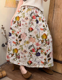 Elastic Waist Floral Linen A Line Maxi Skirt