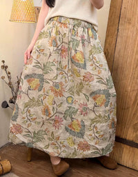 Cottagecore Floral Linen Midi Skirt for Women