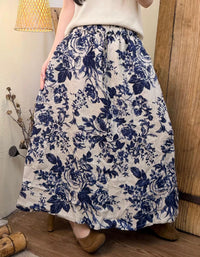 Vintage Inspired Floral A Line Linen Maxi Skirt