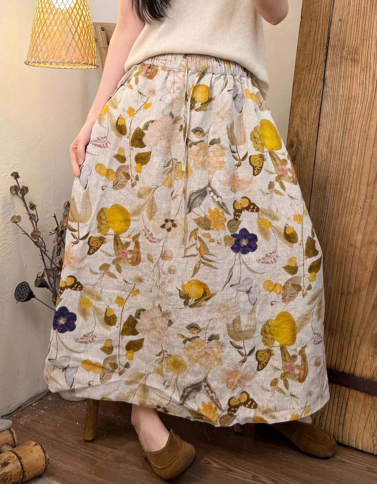 Boho Floral Print Linen Blend Long Skirt Women