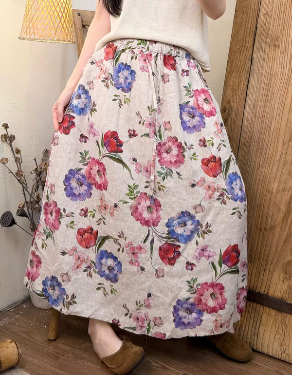 Women’s Vintage Floral Linen Maxi Skirt Casual