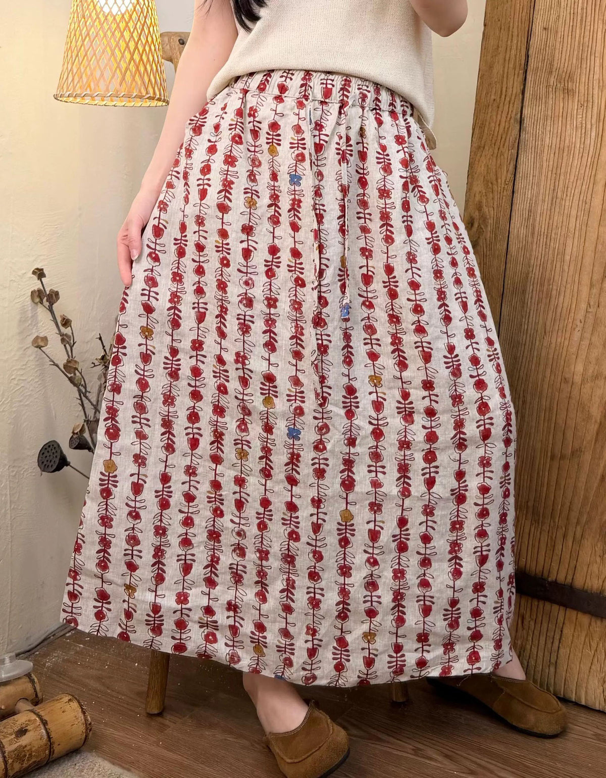 Casual Botanical Print Linen Long Skirt Women