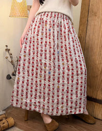 Casual Botanical Print Linen Long Skirt Women