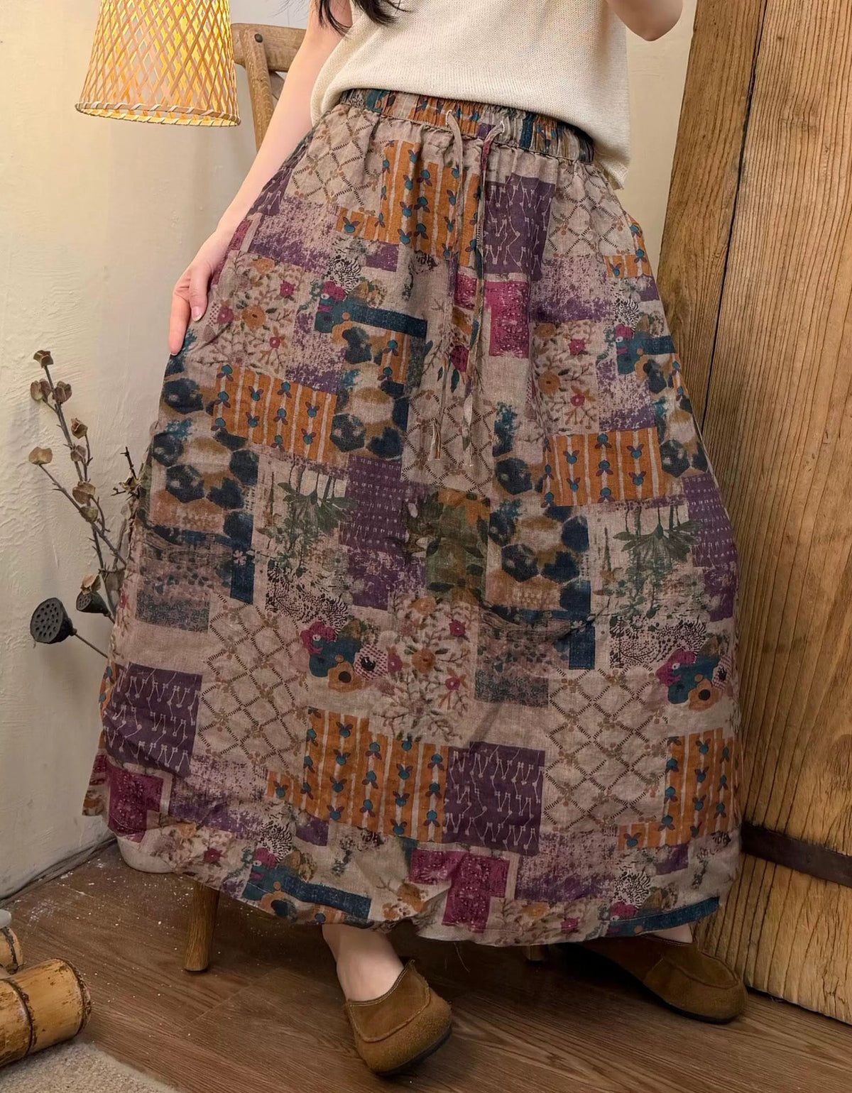 Breathable Linen Floral Summer Maxi Skirt Women