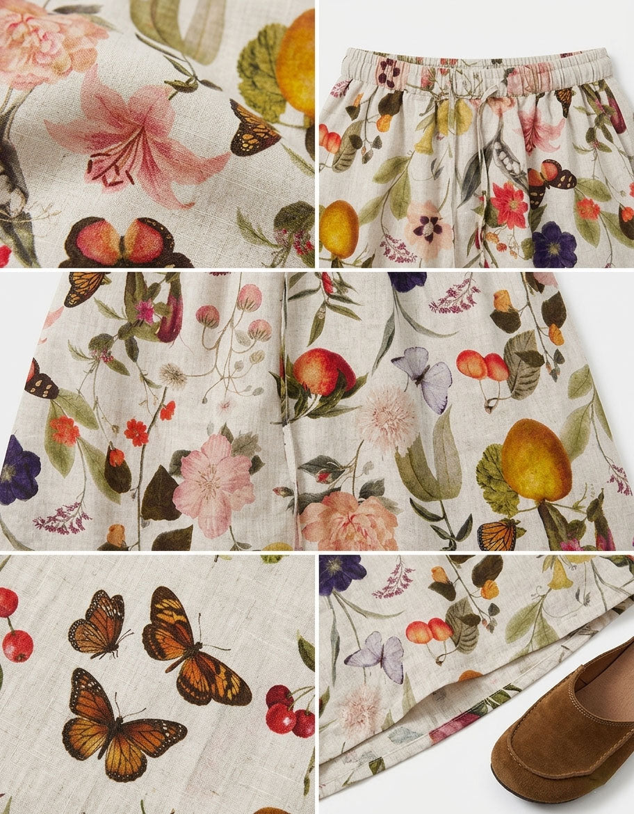Artistic Botanical Linen Blend Skirt for Women