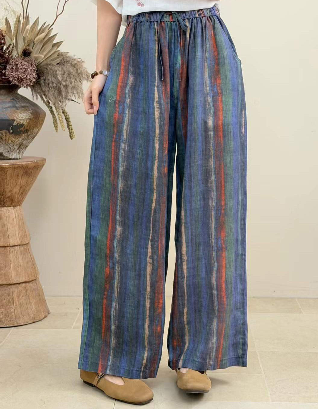 Vintage Striped Wide Leg Pants for Women – Loose Fit Linen Blend Palazzo Trousers
