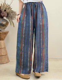 Vintage Striped Wide Leg Pants for Women – Loose Fit Linen Blend Palazzo Trousers