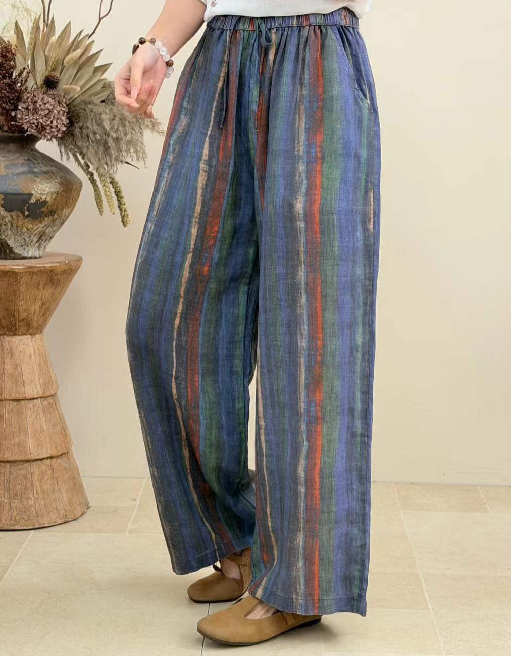 Women's boho striped wide leg pants with elastic waist and drawstring in blue multicolor linen blend fabric