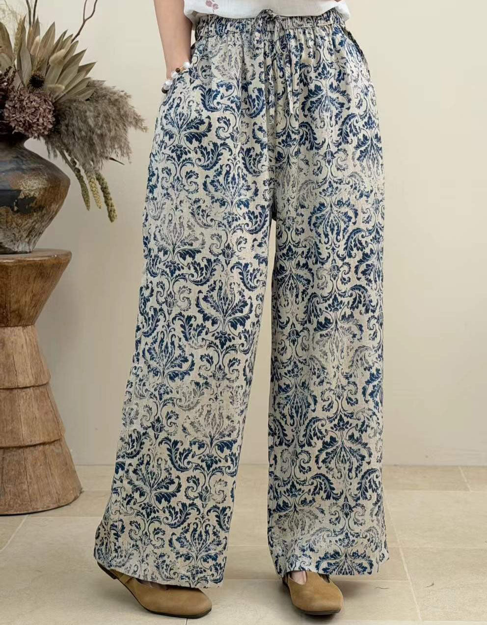 Plus Size Boho Wide Leg Linen Pants – Comfortable Drawstring Summer Trousers