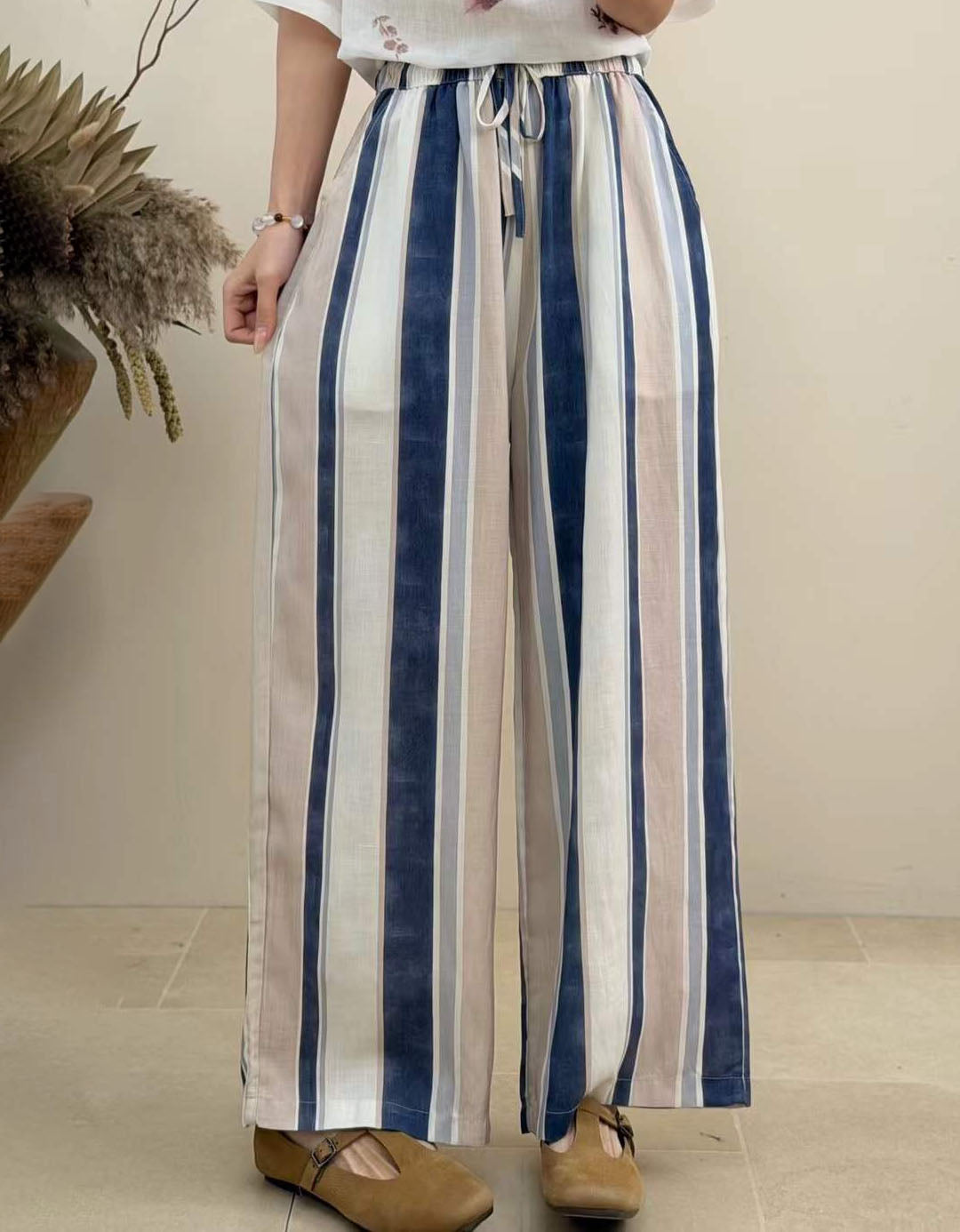 Relaxed Fit Striped Palazzo Pants – Women's Lightweight Linen Blend Bottoms