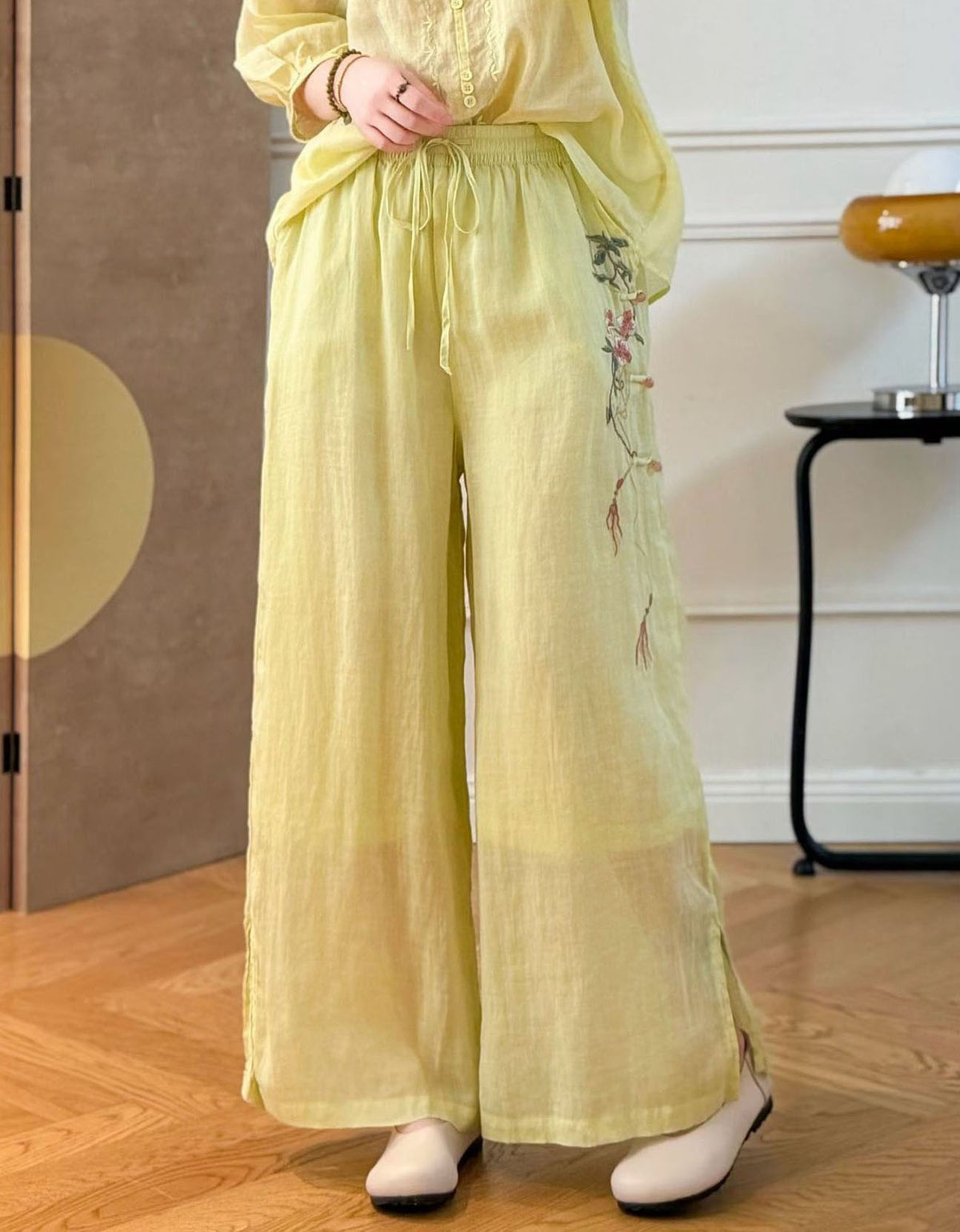 Cottagecore inspired pink wide leg trousers with lightweight fabric