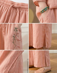 Boho Embroidered Linen Pants for Women – Pink Wide Leg Palazzo Trousers