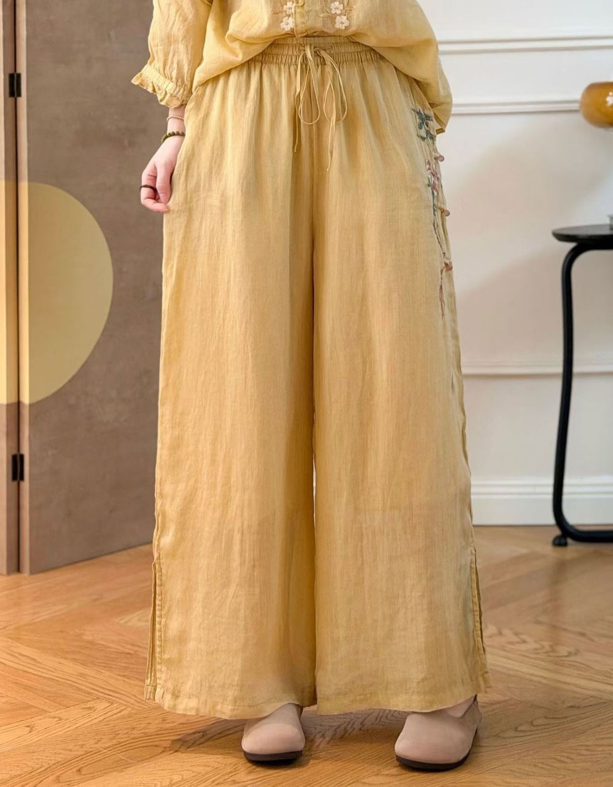 Boho palazzo trousers in soft pink with relaxed loose fit silhouette