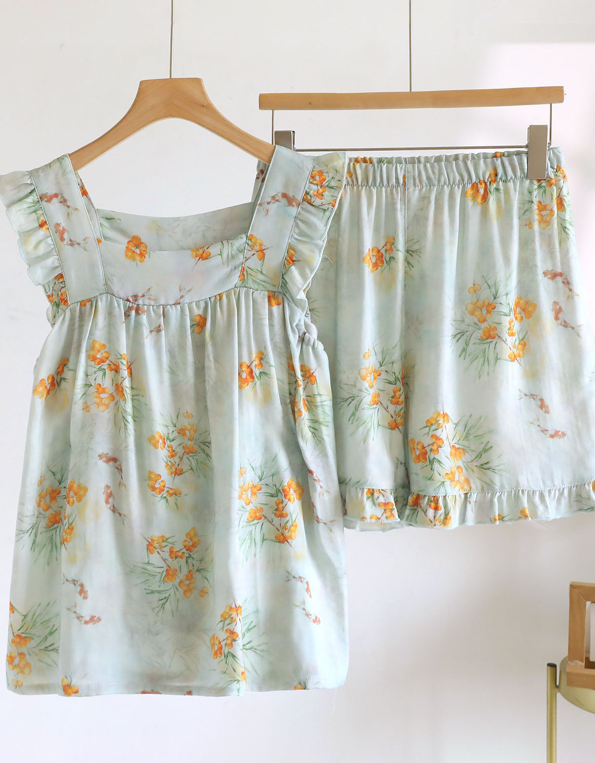 Women Floral Print Ruffle Pajama Shorts Set