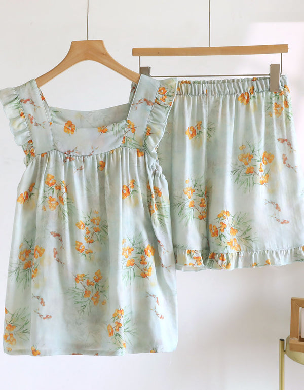 Women Floral Print Ruffle Pajama Shorts Set