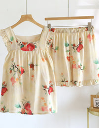 Women floral pajama shorts set with sleeveless ruffle top