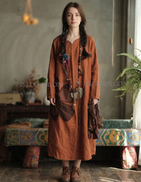 Vintage Oversized Linen Dress Women – Rust Boho Loose Fit Tunic Dress
