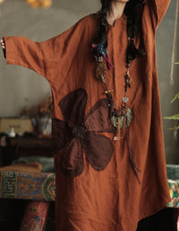 Women’s Vintage Linen Tunic Dress – Loose Fit Rust Casual Boho Outfit
